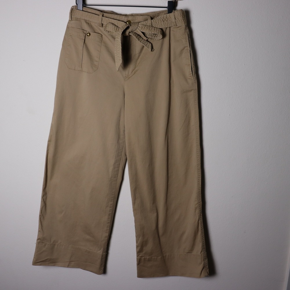 Lauren Ralph Lauren Khaki Wide Leg Cropped Pants Tie Waist Tan Size 8 - Picture 1 of 5